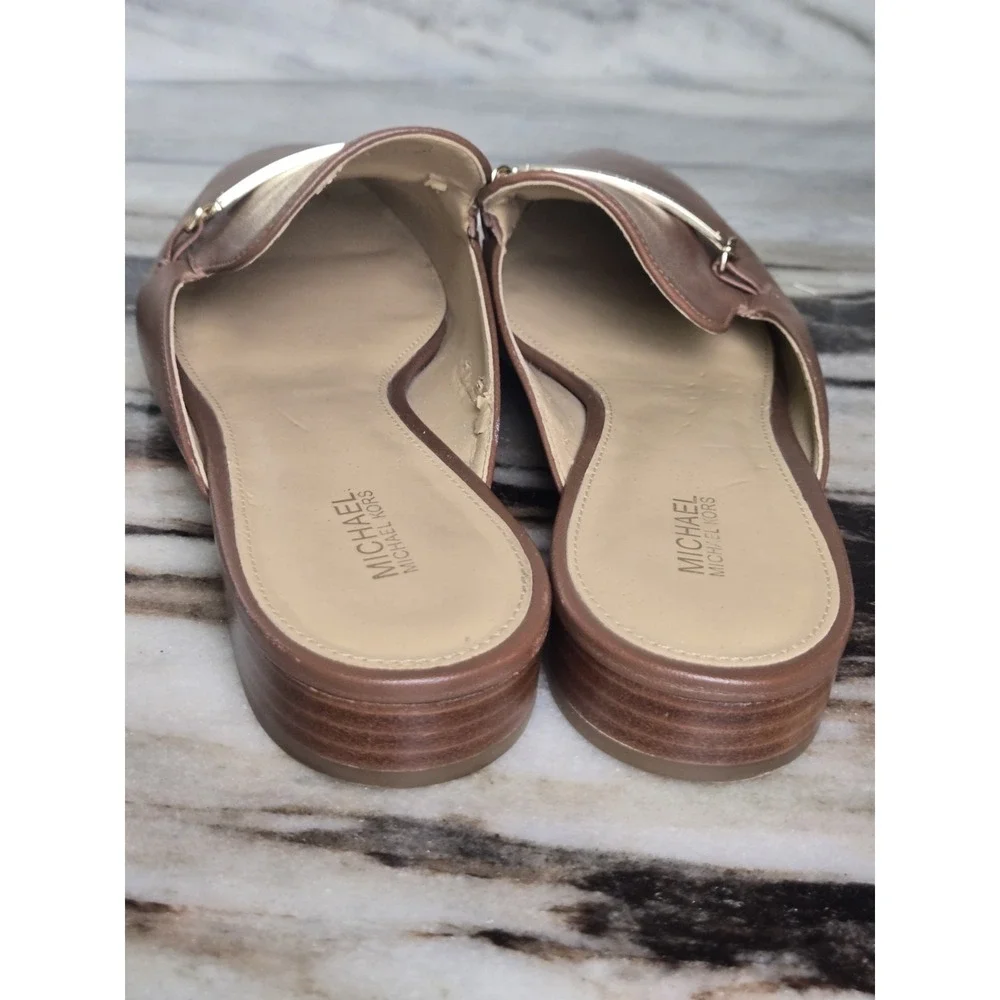 Michael Kors Tiffanie Flat‎ Mule Brown Leather 8 Slide Preppy Designer Office